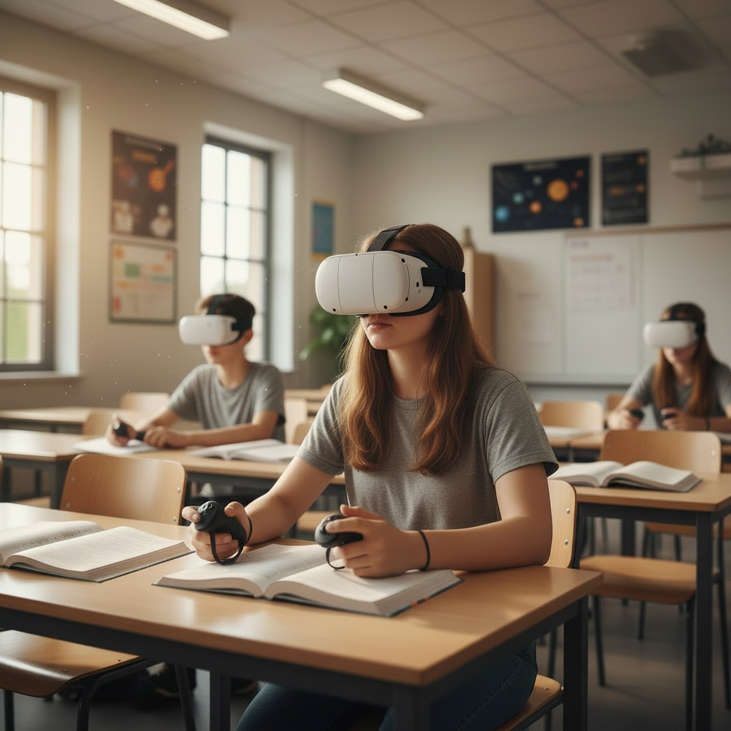 Students using VR headsets in a school setting